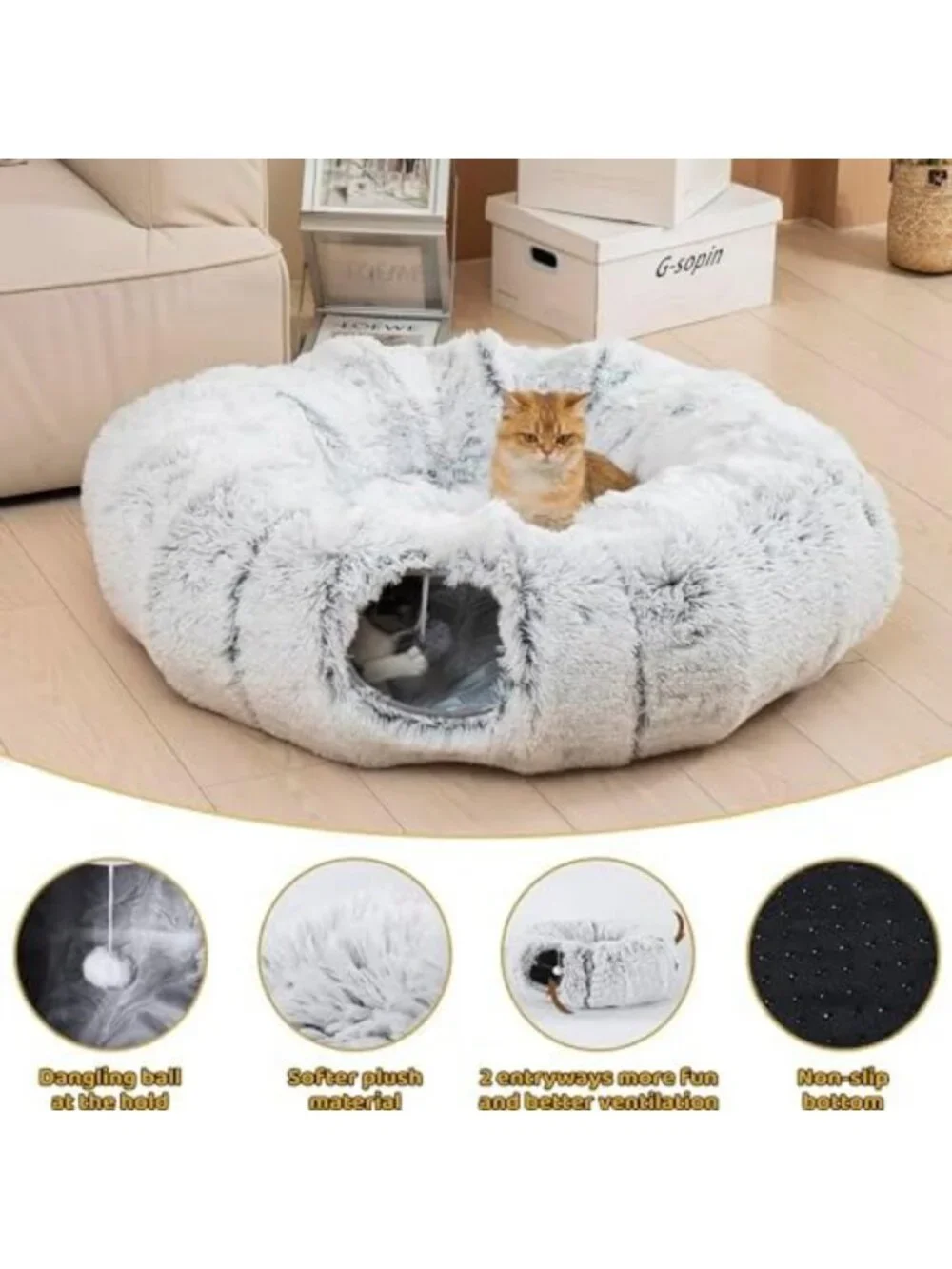 Cozy Cat Tunnel Bed with Washable Cushion - Cute Round Pet Play Toy for Kittens